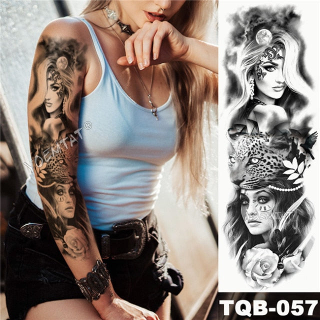 Large Arm Sleeve Tattoo Midnight Leopard Beauty Girl Waterproof Temporary Tattoo Sticker Moonlight Rose Full Skull Tatoo Women