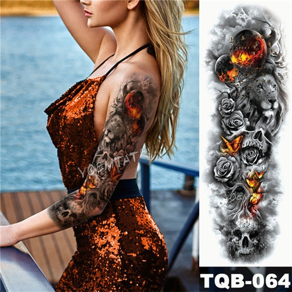 Large Arm Sleeve Tattoo Midnight Leopard Beauty Girl Waterproof Temporary Tattoo Sticker Moonlight Rose Full Skull Tatoo Women