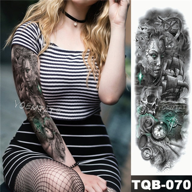 Large Arm Sleeve Tattoo Midnight Leopard Beauty Girl Waterproof Temporary Tattoo Sticker Moonlight Rose Full Skull Tatoo Women