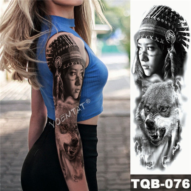 Large Arm Sleeve Tattoo Midnight Leopard Beauty Girl Waterproof Temporary Tattoo Sticker Moonlight Rose Full Skull Tatoo Women