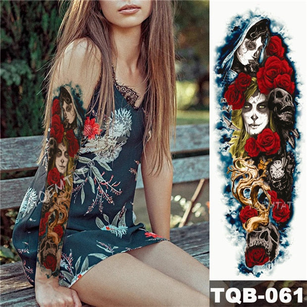 Large Arm Sleeve Tattoo Midnight Leopard Beauty Girl Waterproof Temporary Tattoo Sticker Moonlight Rose Full Skull Tatoo Women