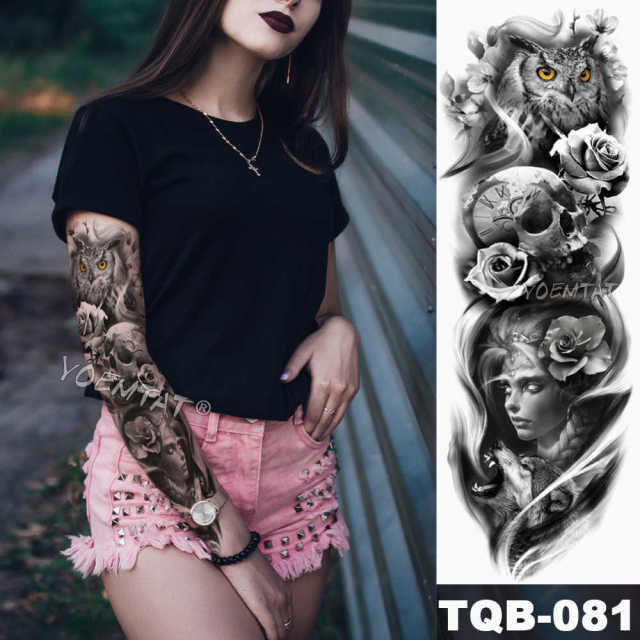 Large Arm Sleeve Tattoo Midnight Leopard Beauty Girl Waterproof Temporary Tattoo Sticker Moonlight Rose Full Skull Tatoo Women