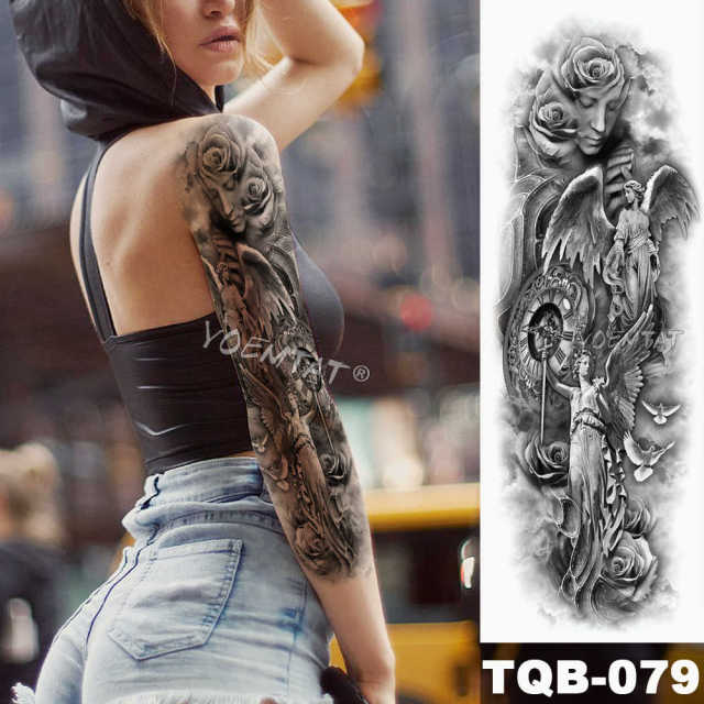 Large Arm Sleeve Tattoo Midnight Leopard Beauty Girl Waterproof Temporary Tattoo Sticker Moonlight Rose Full Skull Tatoo Women