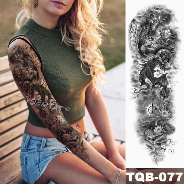 Large Arm Sleeve Tattoo Midnight Leopard Beauty Girl Waterproof Temporary Tattoo Sticker Moonlight Rose Full Skull Tatoo Women