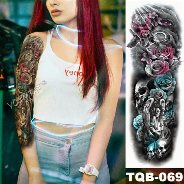 Large Arm Sleeve Tattoo Midnight Leopard Beauty Girl Waterproof Temporary Tattoo Sticker Moonlight Rose Full Skull Tatoo Women