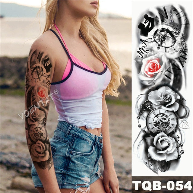 Large Arm Sleeve Tattoo Midnight Leopard Beauty Girl Waterproof Temporary Tattoo Sticker Moonlight Rose Full Skull Tatoo Women