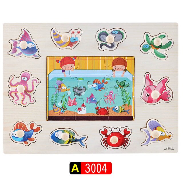 Big Size Baby Montessori Wooden Puzzle Hand Grab Board Set Educational Toys Infantil Cartoon number letter Math Puzzle kids Gift