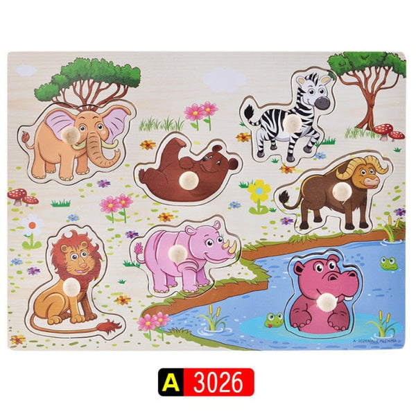 Big Size Baby Montessori Wooden Puzzle Hand Grab Board Set Educational Toys Infantil Cartoon number letter Math Puzzle kids Gift