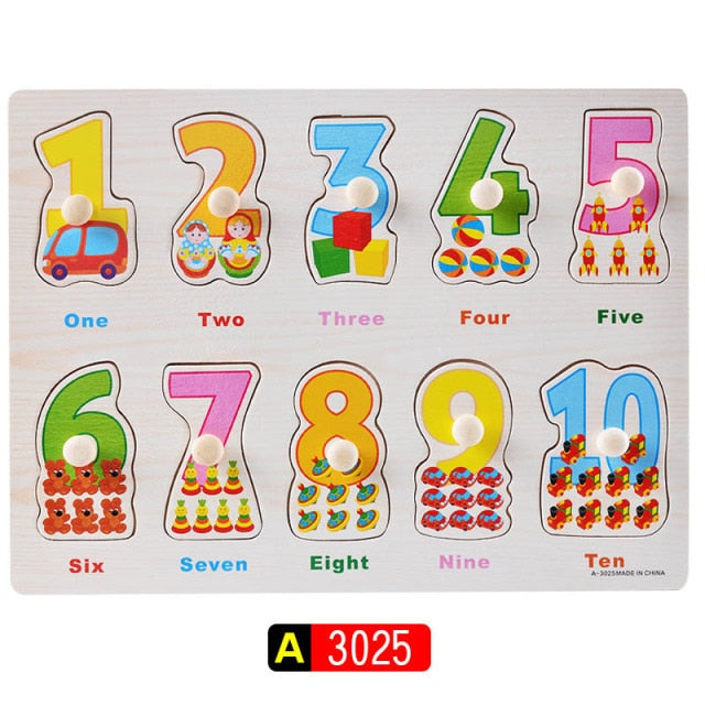 Big Size Baby Montessori Wooden Puzzle Hand Grab Board Set Educational Toys Infantil Cartoon number letter Math Puzzle kids Gift