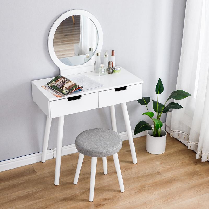 Dresser Table Mirror With Chair Set Vanity Table Makeup Stool Wooden 2 Drawers Modern Tocador Mesa Assembly Bedroom Europe HWC