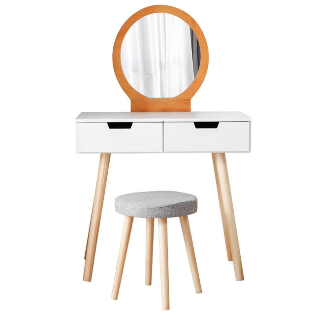 Dresser Table Mirror With Chair Set Vanity Table Makeup Stool Wooden 2 Drawers Modern Tocador Mesa Assembly Bedroom Europe HWC