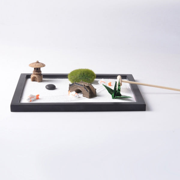 Zen Garden Set-Sand, Bridge, Chair, Paper Crane, Sand Tray Micro Landscape