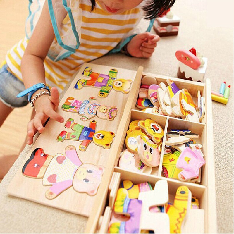 Little Bear Change Clothes Children's Early Education Wooden Jigsaw Puzzle Dressing Game Baby Wooden Puzzle Toys Free Shipping