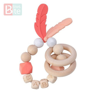 Bite Bites 1PC Food Grade Silicone Feather Teether Chewing Custom Bracelets Baby Care Products Wooden Teething Ring Baby Teether