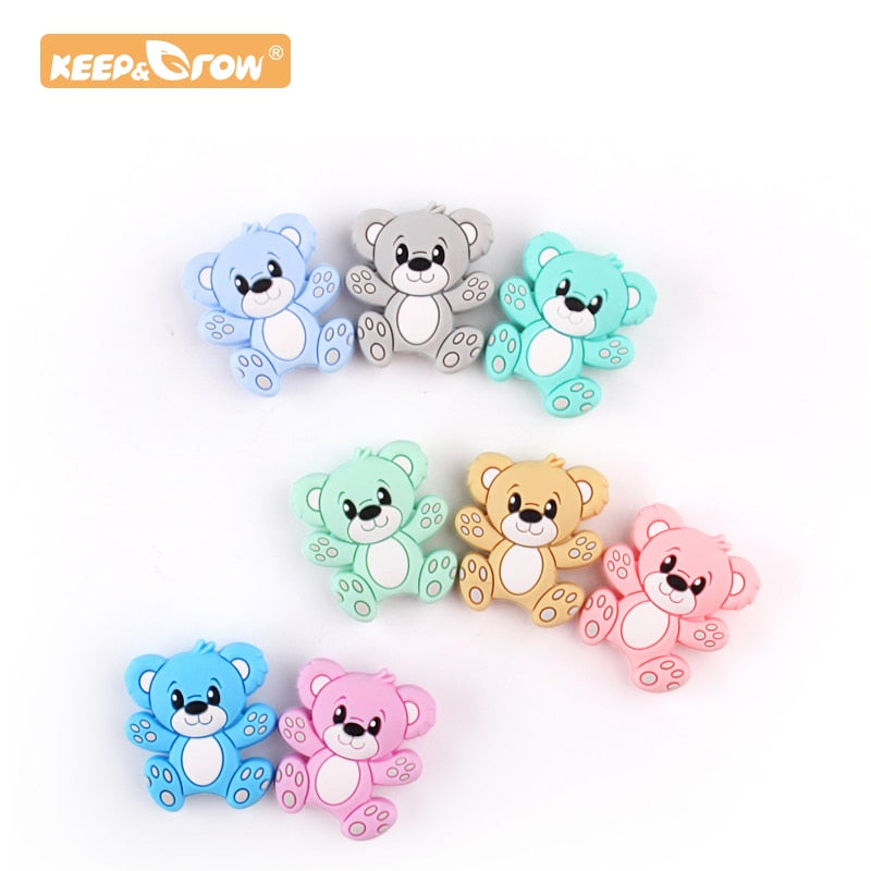 Keep&Grow Silicone Animal Bear Beads 10pcs Newborn Teether Products Cartoon Teething Beads DIY Pacifier Chain Baby Oral Care Toy