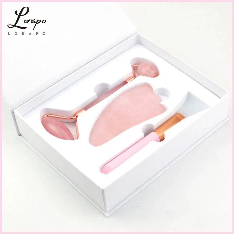 Rose Quartz Roller Facial Massager Powder Crystal Roller Jade Roller Scraper Mask Brush Three-piece Beauty Face-lifting Tool