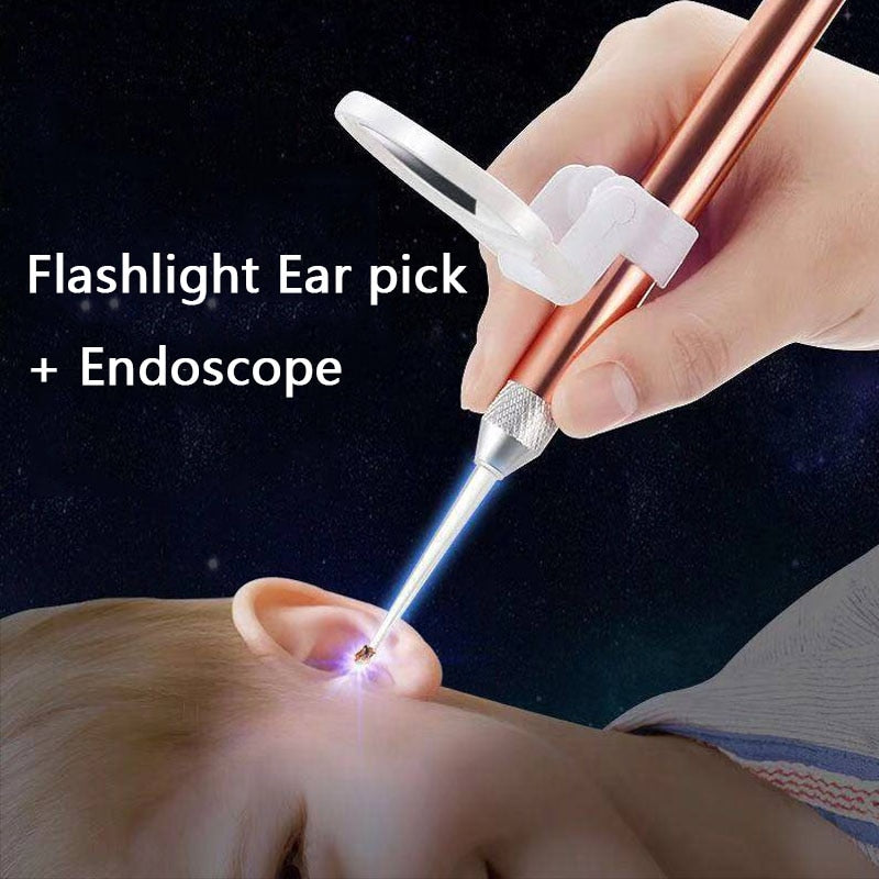 LED FlashLight Earpick Baby Ear Cleaner Endoscope Penlight Spoon Cleaning Ear Curette Light Spoon with Magnifier Ear Wax Removal