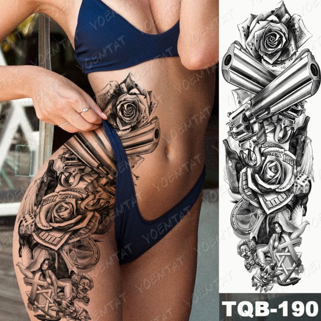 Large Arm Sleeve Tattoo Midnight Leopard Beauty Girl Waterproof Temporary Tattoo Sticker Moonlight Rose Full Skull Tatoo Women