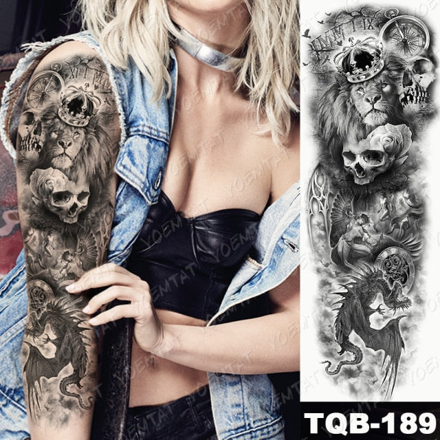 Large Arm Sleeve Tattoo Midnight Leopard Beauty Girl Waterproof Temporary Tattoo Sticker Moonlight Rose Full Skull Tatoo Women