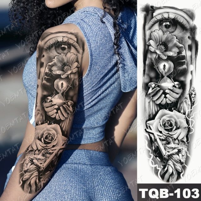 Large Arm Sleeve Tattoo Midnight Leopard Beauty Girl Waterproof Temporary Tattoo Sticker Moonlight Rose Full Skull Tatoo Women