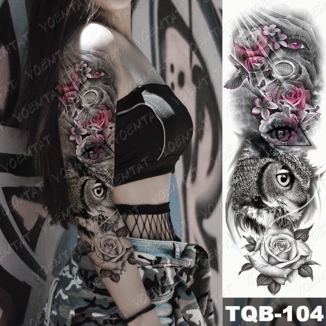 Large Arm Sleeve Tattoo Midnight Leopard Beauty Girl Waterproof Temporary Tattoo Sticker Moonlight Rose Full Skull Tatoo Women