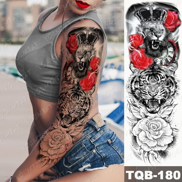 Large Arm Sleeve Tattoo Midnight Leopard Beauty Girl Waterproof Temporary Tattoo Sticker Moonlight Rose Full Skull Tatoo Women