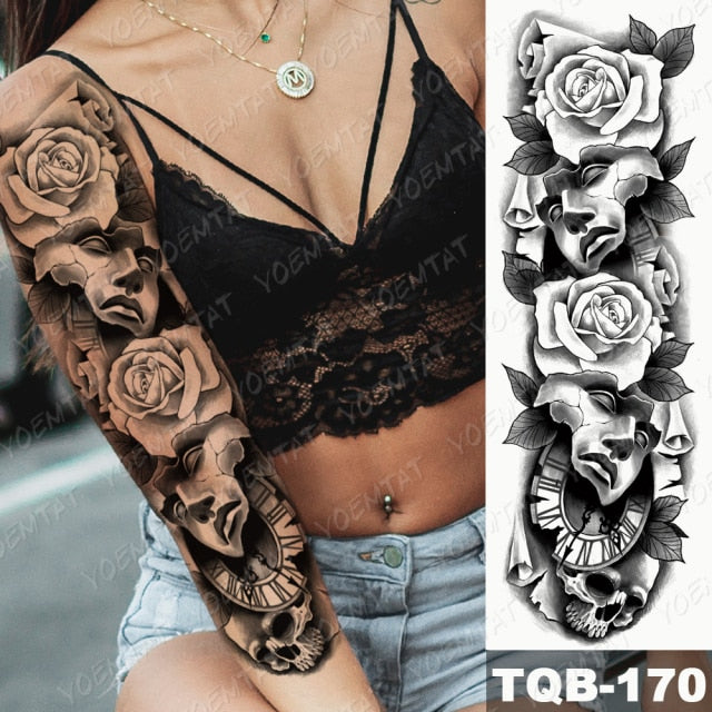 Large Arm Sleeve Tattoo Midnight Leopard Beauty Girl Waterproof Temporary Tattoo Sticker Moonlight Rose Full Skull Tatoo Women