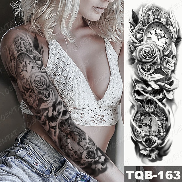 Large Arm Sleeve Tattoo Midnight Leopard Beauty Girl Waterproof Temporary Tattoo Sticker Moonlight Rose Full Skull Tatoo Women