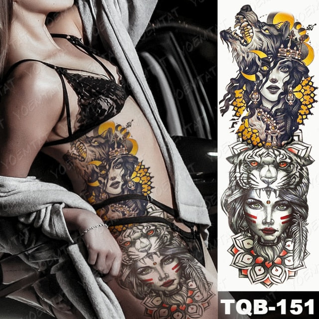 Large Arm Sleeve Tattoo Midnight Leopard Beauty Girl Waterproof Temporary Tattoo Sticker Moonlight Rose Full Skull Tatoo Women