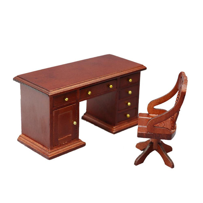 2Pcs/Set 1/12 Wooden Desk Computer Chair Furniture Model Toy Dollhouse Decor New