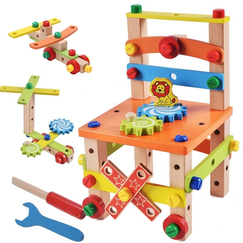 Wooden Assembling Chair Montessori Toys Baby Educational Wood Toy Preschool Multifunctional Variety Nut Combination Chair Tool