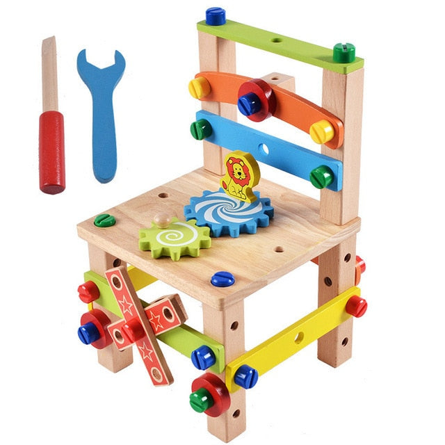 Wooden Assembling Chair Montessori Toys Baby Educational Wood Toy Preschool Multifunctional Variety Nut Combination Chair Tool