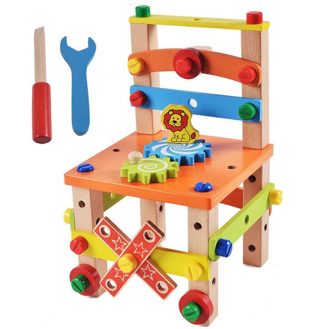 Wooden Assembling Chair Montessori Toys Baby Educational Wood Toy Preschool Multifunctional Variety Nut Combination Chair Tool