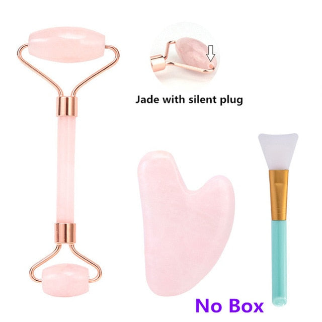 Rose Quartz Roller Facial Massager Powder Crystal Roller Jade Roller Scraper Mask Brush Three-piece Beauty Face-lifting Tool