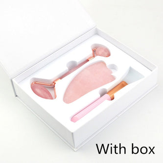 Rose Quartz Roller Facial Massager Powder Crystal Roller Jade Roller Scraper Mask Brush Three-piece Beauty Face-lifting Tool