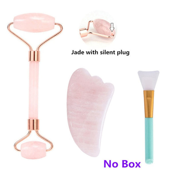 Rose Quartz Roller Facial Massager Powder Crystal Roller Jade Roller Scraper Mask Brush Three-piece Beauty Face-lifting Tool