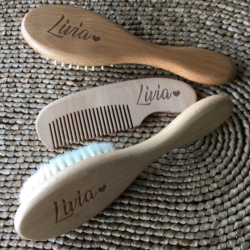 Custom Name Baby Bathing Comb Baby Care Hair Brush Pure Natural Wool Wood Comb Newborn Massager Baby Shower and Registry Gift