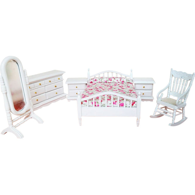 1:12 Dollhouse Miniature Furniture White Fashion Bedroom Set 6PCS Bed Chair Cabinet Dresser Mirror WB063