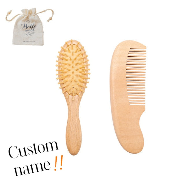 Custom Baby Hair Comb Brush Set Natural Wooden Comb Soft Wool Newborn Baby Bath Care Brush Personalized Massager Gift For Kids