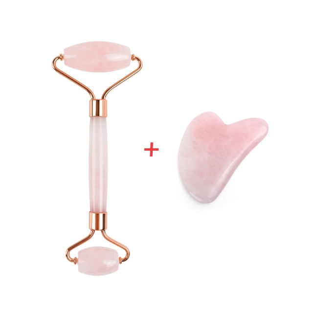 Natural Rose Quartz Jade Roller Gua Sha Set Facial Body Massager Roller Jade Stone Massage Set Face Lifting Beauty Massage Tool