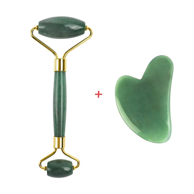 Natural Rose Quartz Jade Roller Gua Sha Set Facial Body Massager Roller Jade Stone Massage Set Face Lifting Beauty Massage Tool