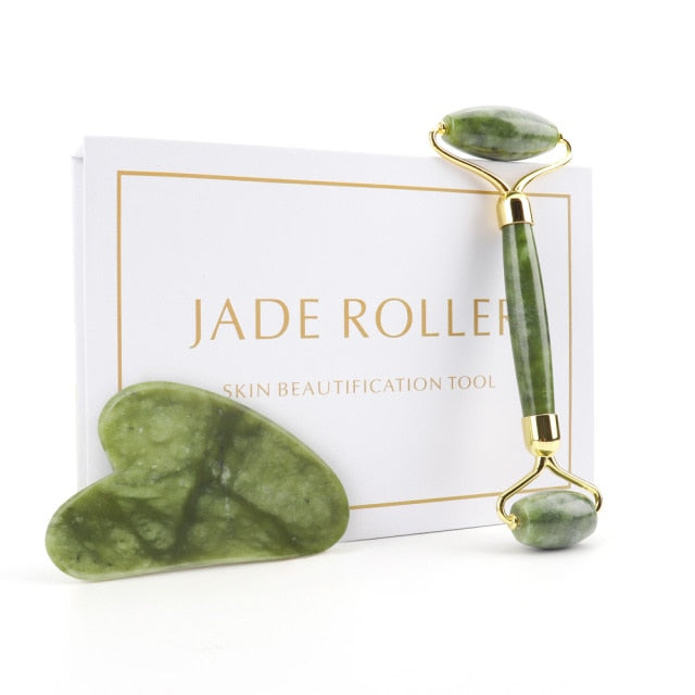 Natural Jade Roller Thin Face Massager Lifting Tools Slim Facial Gua Sha Green Stone Anti-aging Wrinkle Skin Beauty Care Set Box