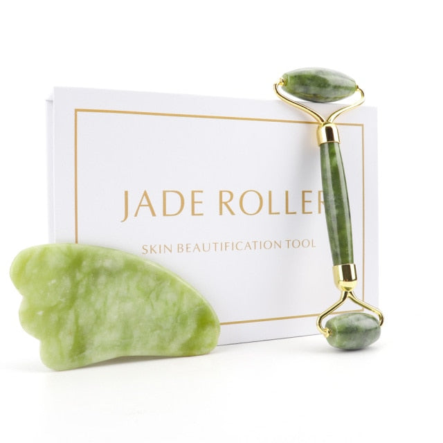 Natural Jade Roller Thin Face Massager Lifting Tools Slim Facial Gua Sha Green Stone Anti-aging Wrinkle Skin Beauty Care Set Box