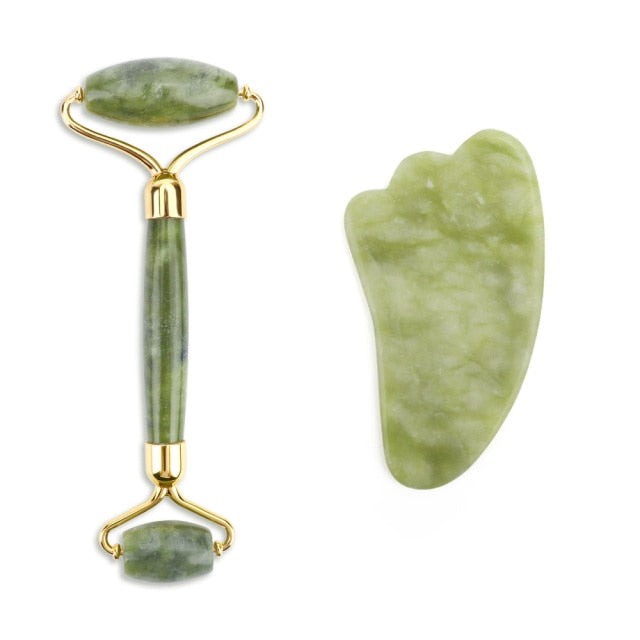 Natural Jade Roller Thin Face Massager Lifting Tools Slim Facial Gua Sha Green Stone Anti-aging Wrinkle Skin Beauty Care Set Box