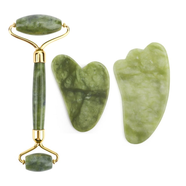 Natural Jade Roller Thin Face Massager Lifting Tools Slim Facial Gua Sha Green Stone Anti-aging Wrinkle Skin Beauty Care Set Box