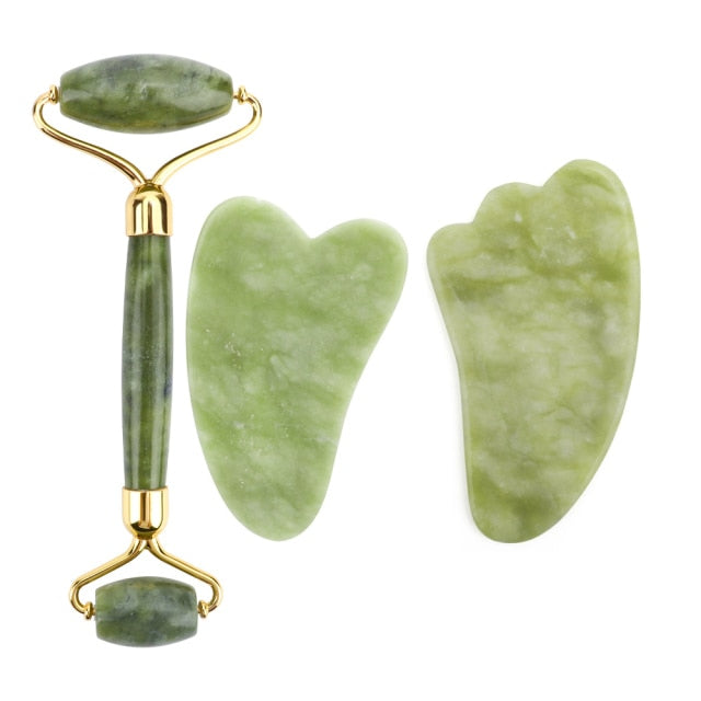 Natural Jade Roller Thin Face Massager Lifting Tools Slim Facial Gua Sha Green Stone Anti-aging Wrinkle Skin Beauty Care Set Box