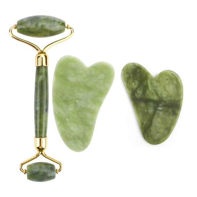 Natural Jade Roller Thin Face Massager Lifting Tools Slim Facial Gua Sha Green Stone Anti-aging Wrinkle Skin Beauty Care Set Box