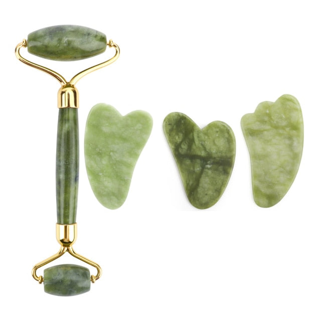 Natural Jade Roller Thin Face Massager Lifting Tools Slim Facial Gua Sha Green Stone Anti-aging Wrinkle Skin Beauty Care Set Box