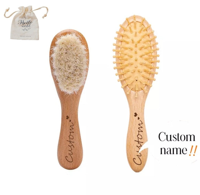 Custom Baby Hair Comb Brush Set Natural Wooden Comb Soft Wool Newborn Baby Bath Care Brush Personalized Massager Gift For Kids