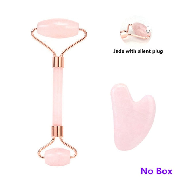 Rose Quartz Roller Facial Massager Powder Crystal Roller Jade Roller Scraper Mask Brush Three-piece Beauty Face-lifting Tool